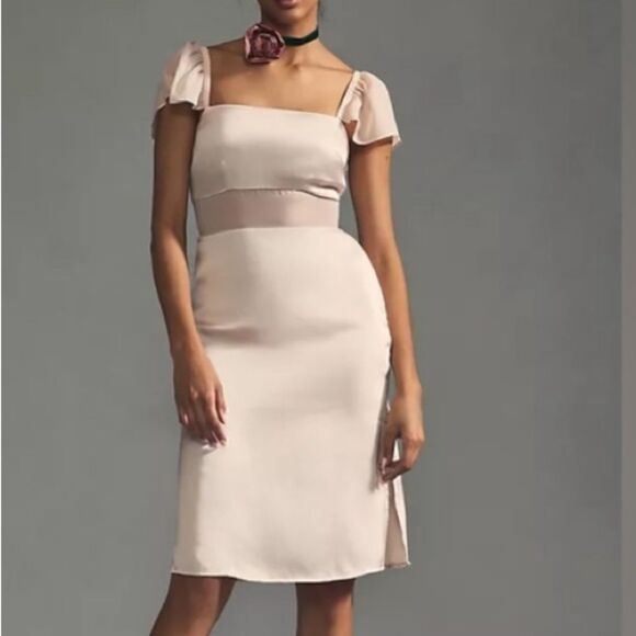 By Anthropologie Flutter-Sleeve Satin Sheath Mini Dress - Picture 2 of 10